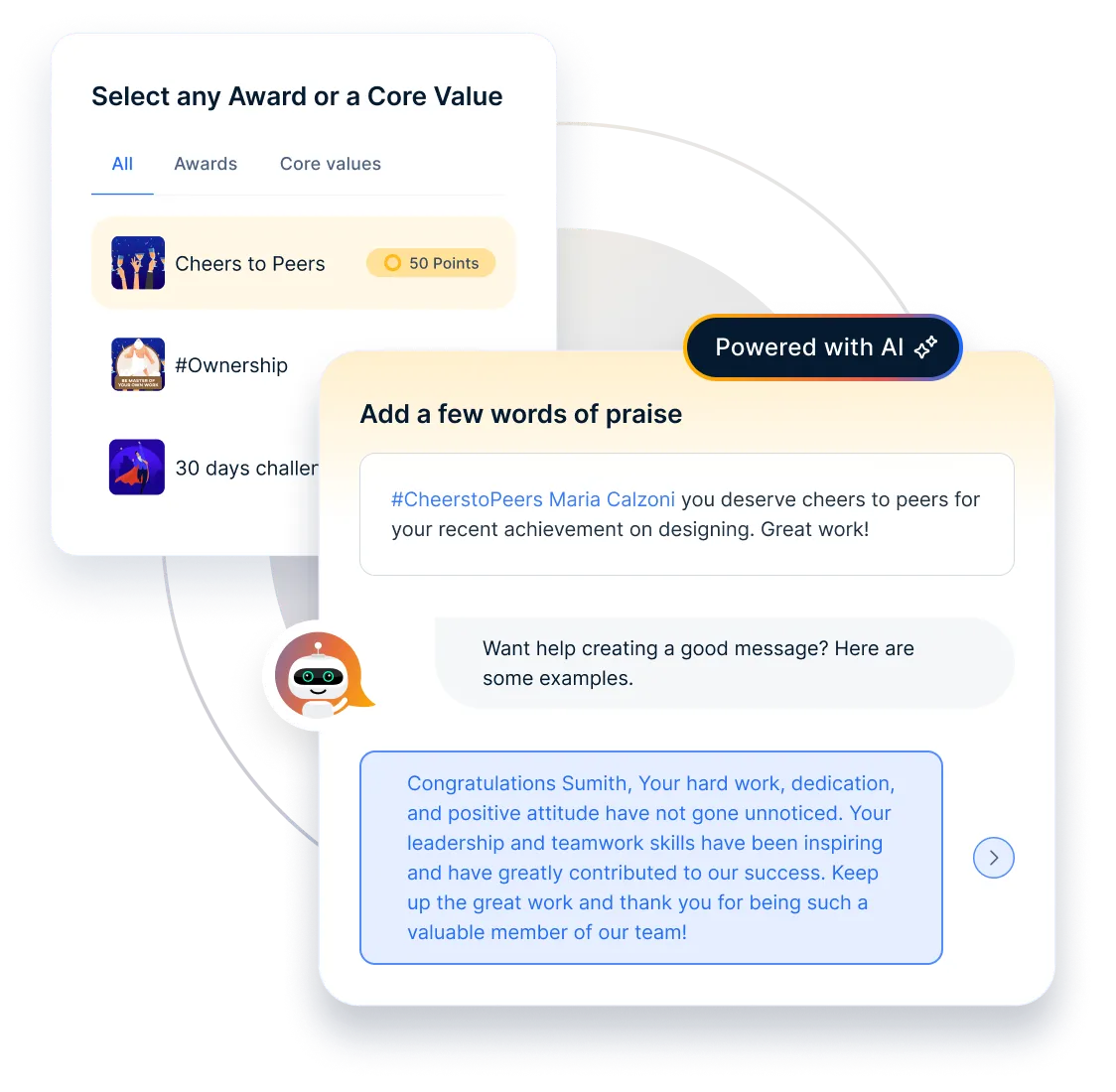Empuls includes in-product tips and nudges that help users craft thoughtful messages aligned with company values.